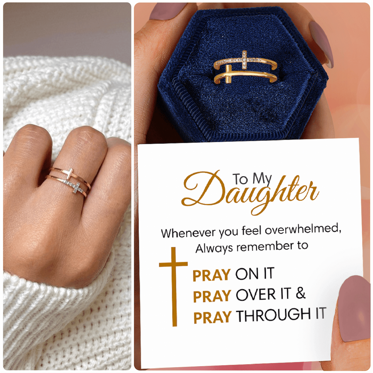 To My Daughter "Pray Through It" Twin Band Cross Ring - Gold