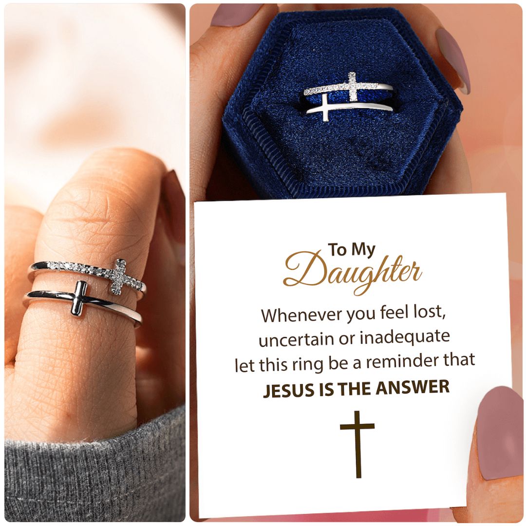 To My Daughter "Jesus Is The Answer" Twin Band Cross Ring